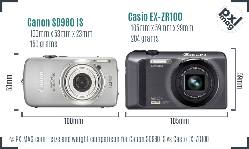 Canon SD980 IS vs Casio EX-ZR100 size comparison