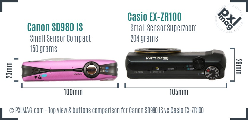 Canon SD980 IS vs Casio EX-ZR100 top view buttons comparison