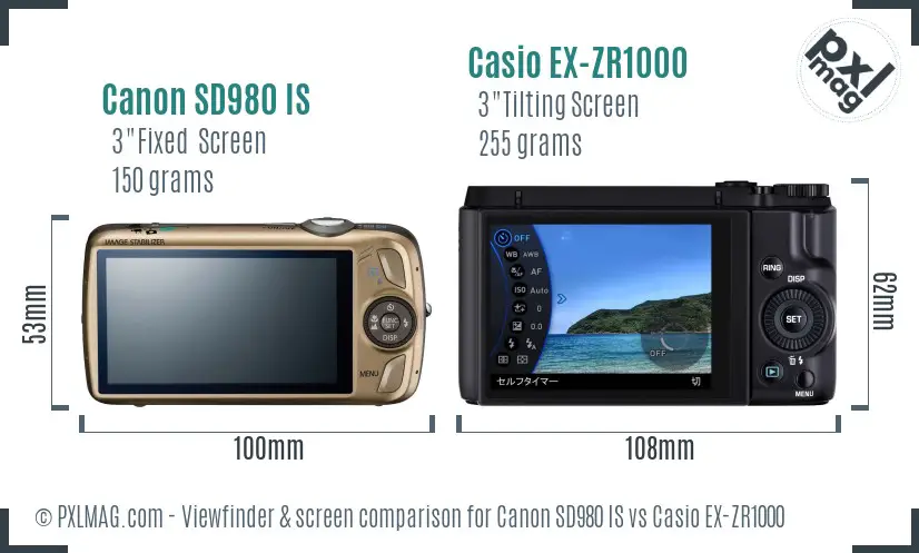 Canon SD980 IS vs Casio EX-ZR1000 Screen and Viewfinder comparison