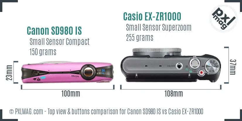 Canon SD980 IS vs Casio EX-ZR1000 top view buttons comparison
