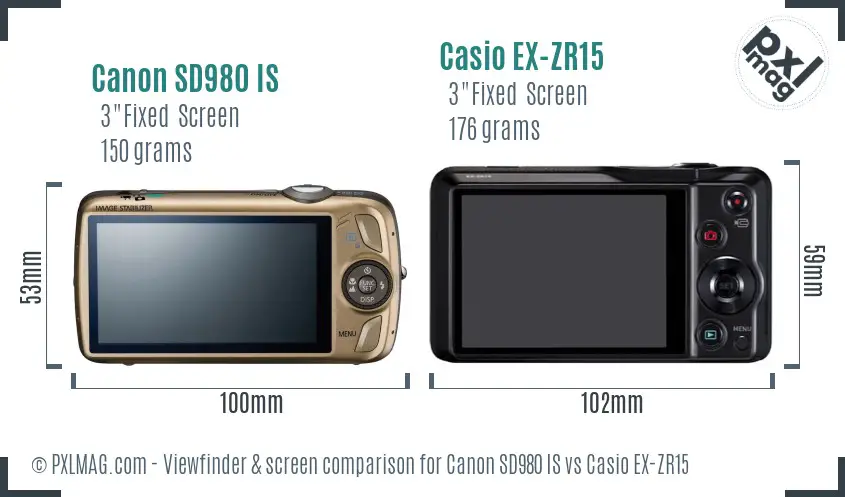 Canon SD980 IS vs Casio EX-ZR15 Screen and Viewfinder comparison