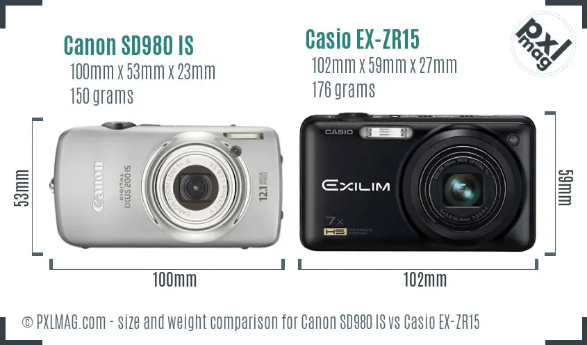 Canon SD980 IS vs Casio EX-ZR15 size comparison