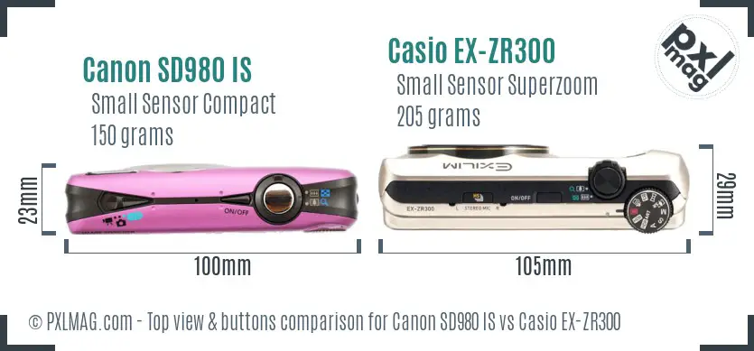 Canon SD980 IS vs Casio EX-ZR300 top view buttons comparison Canon SD980 IS vs Casio EX-ZR300 top view buttons comparison