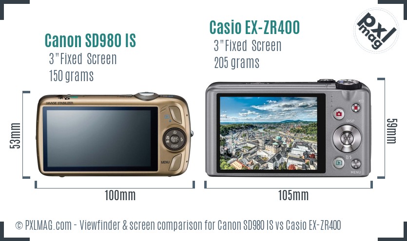 Canon SD980 IS vs Casio EX-ZR400 Screen and Viewfinder comparison