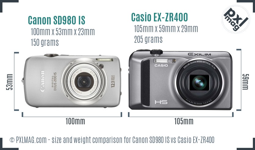 Canon SD980 IS vs Casio EX-ZR400 size comparison