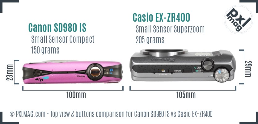 Canon SD980 IS vs Casio EX-ZR400 top view buttons comparison