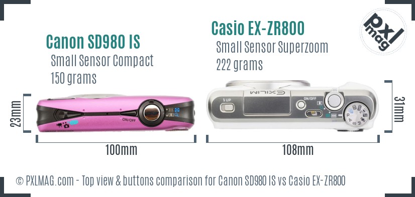 Canon SD980 IS vs Casio EX-ZR800 top view buttons comparison
