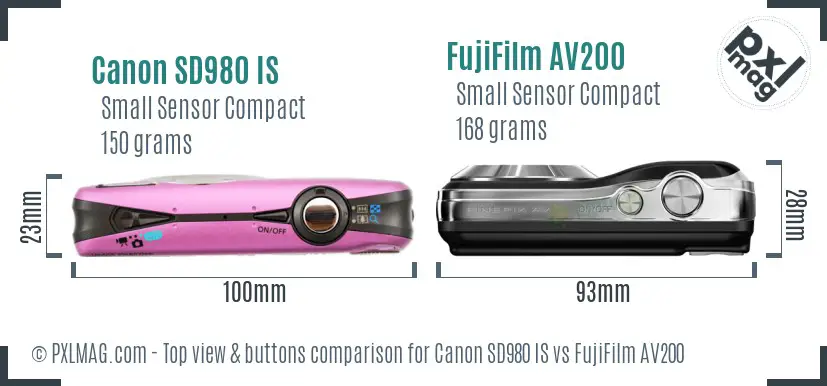 Canon SD980 IS vs FujiFilm AV200 top view buttons comparison