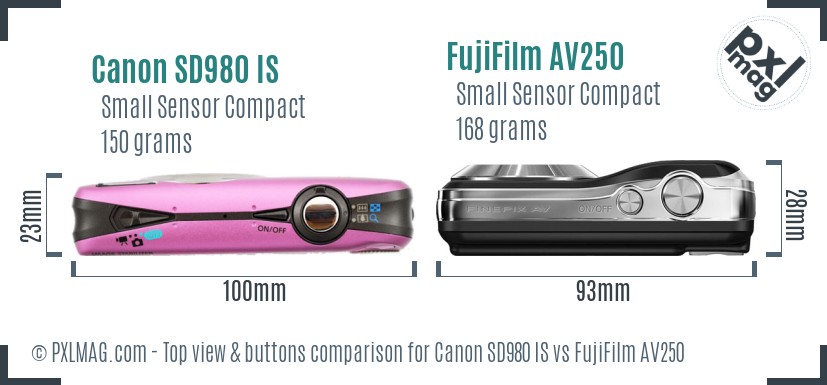 Canon SD980 IS vs FujiFilm AV250 top view buttons comparison