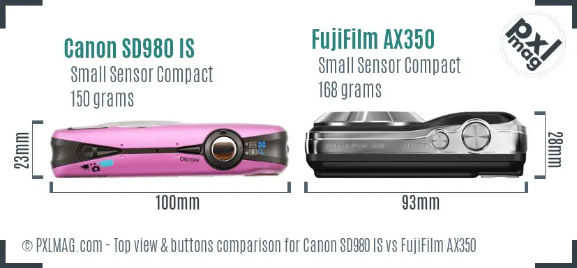 Canon SD980 IS vs FujiFilm AX350 top view buttons comparison Canon SD980 IS vs FujiFilm AX350 top view buttons comparison