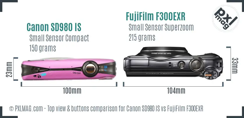 Canon SD980 IS vs FujiFilm F300EXR top view buttons comparison