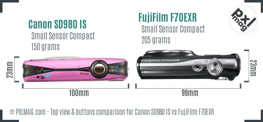 Canon SD980 IS vs FujiFilm F70EXR top view buttons comparison