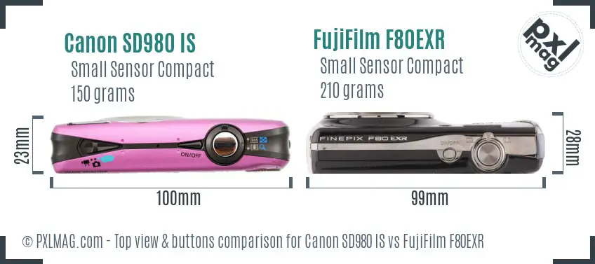 Canon SD980 IS vs FujiFilm F80EXR top view buttons comparison Canon SD980 IS vs FujiFilm F80EXR top view buttons comparison