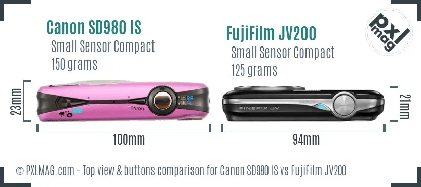 Canon SD980 IS vs FujiFilm JV200 top view buttons comparison