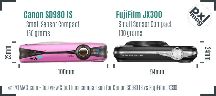 Canon SD980 IS vs FujiFilm JX300 top view buttons comparison