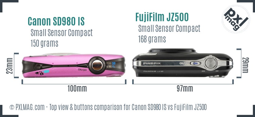 Canon SD980 IS vs FujiFilm JZ500 top view buttons comparison
