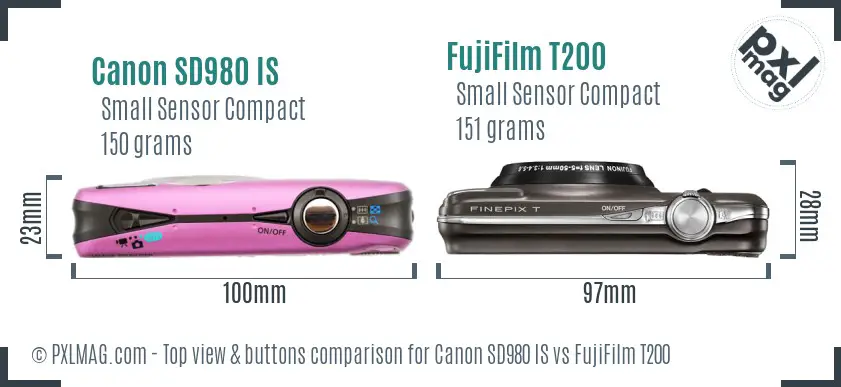Canon SD980 IS vs FujiFilm T200 top view buttons comparison