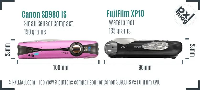 Canon SD980 IS vs FujiFilm XP10 top view buttons comparison