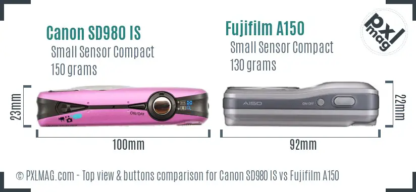 Canon SD980 IS vs Fujifilm A150 top view buttons comparison Canon SD980 IS vs Fujifilm A150 top view buttons comparison