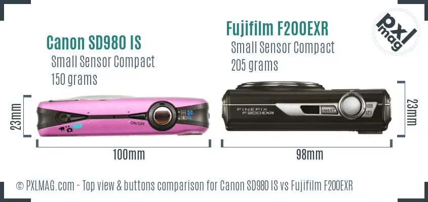 Canon SD980 IS vs Fujifilm F200EXR top view buttons comparison