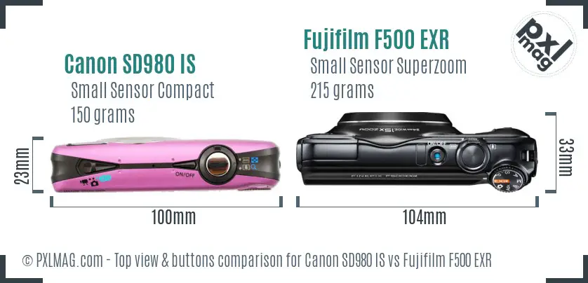 Canon SD980 IS vs Fujifilm F500 EXR top view buttons comparison