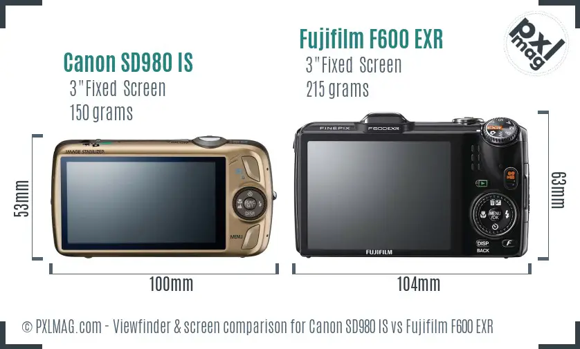 Canon SD980 IS vs Fujifilm F600 EXR Screen and Viewfinder comparison