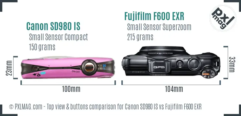 Canon SD980 IS vs Fujifilm F600 EXR top view buttons comparison