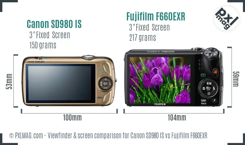 Canon SD980 IS vs Fujifilm F660EXR Screen and Viewfinder comparison