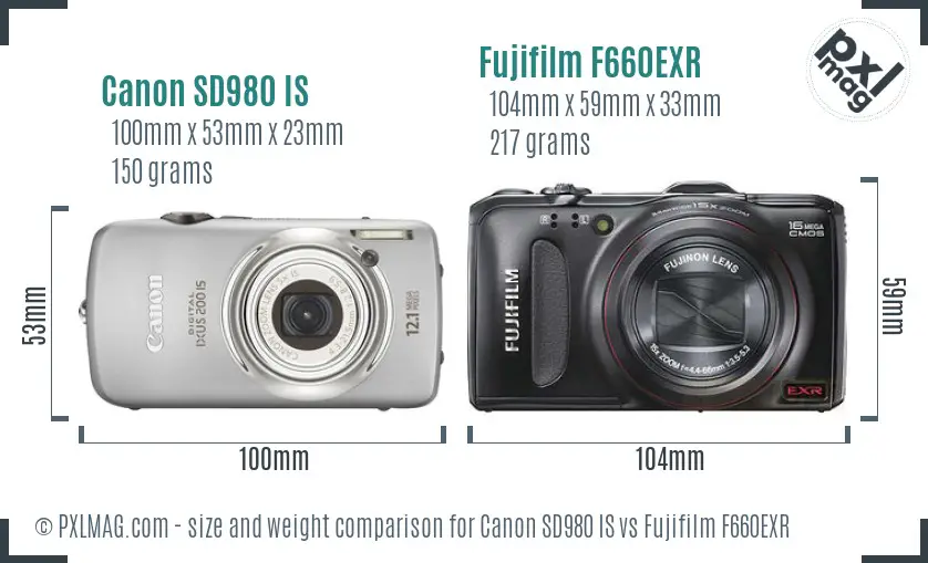 Canon SD980 IS vs Fujifilm F660EXR size comparison