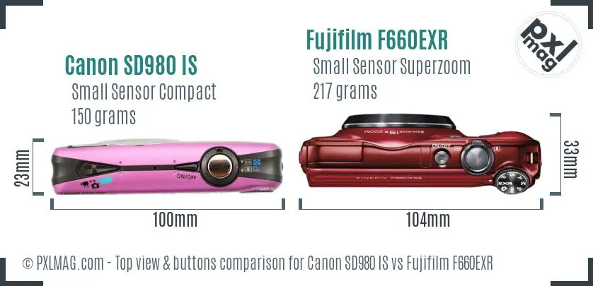 Canon SD980 IS vs Fujifilm F660EXR top view buttons comparison