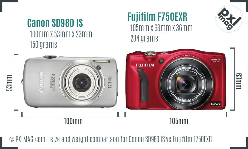 Canon SD980 IS vs Fujifilm F750EXR size comparison