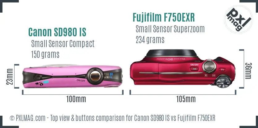 Canon SD980 IS vs Fujifilm F750EXR top view buttons comparison