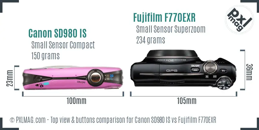 Canon SD980 IS vs Fujifilm F770EXR top view buttons comparison