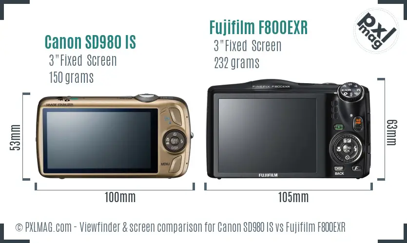 Canon SD980 IS vs Fujifilm F800EXR Screen and Viewfinder comparison