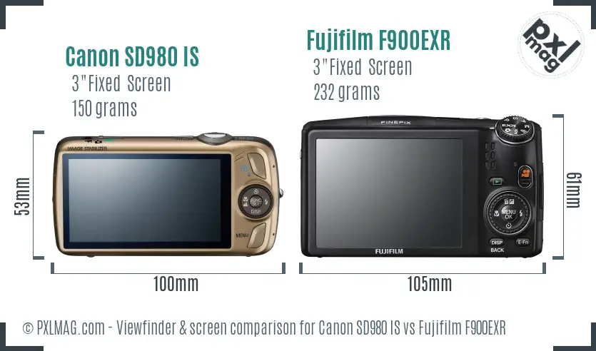Canon SD980 IS vs Fujifilm F900EXR Screen and Viewfinder comparison