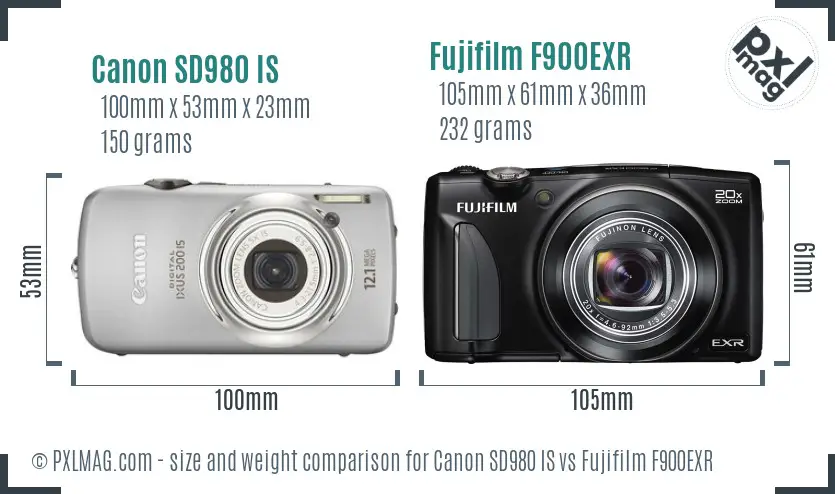 Canon SD980 IS vs Fujifilm F900EXR size comparison