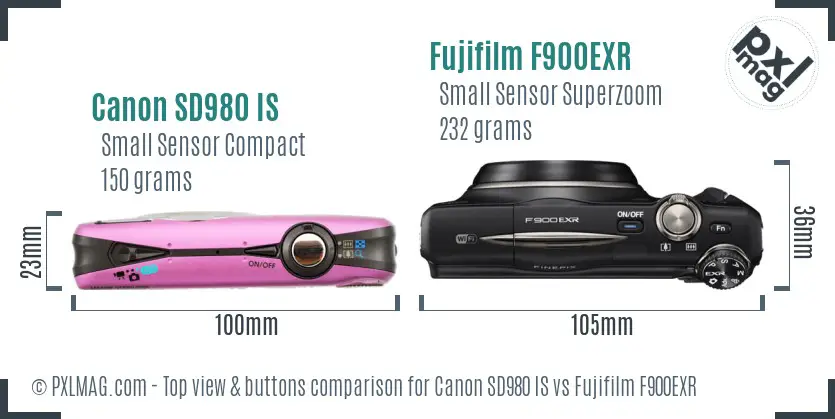 Canon SD980 IS vs Fujifilm F900EXR top view buttons comparison