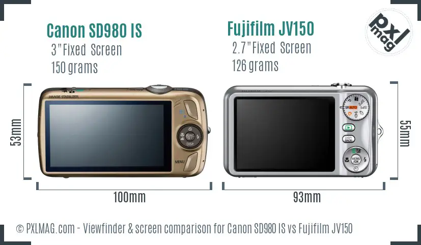 Canon SD980 IS vs Fujifilm JV150 Screen and Viewfinder comparison