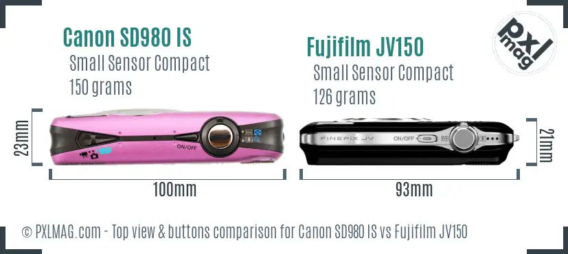 Canon SD980 IS vs Fujifilm JV150 top view buttons comparison