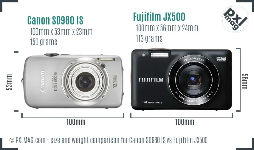 Canon SD980 IS vs Fujifilm JX500 size comparison