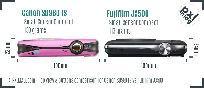 Canon SD980 IS vs Fujifilm JX500 top view buttons comparison