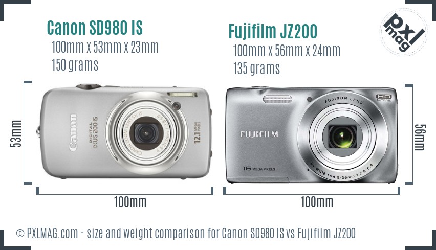 Canon SD980 IS vs Fujifilm JZ200 size comparison