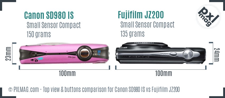 Canon SD980 IS vs Fujifilm JZ200 top view buttons comparison