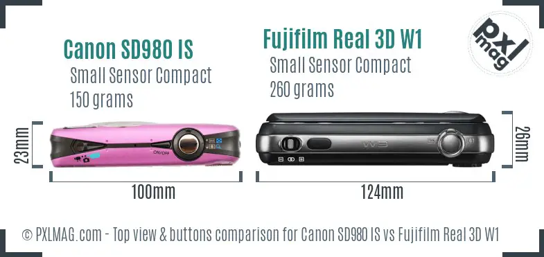 Canon SD980 IS vs Fujifilm Real 3D W1 top view buttons comparison