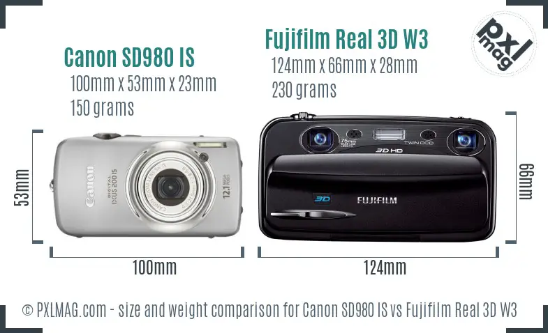 Canon SD980 IS vs Fujifilm Real 3D W3 size comparison