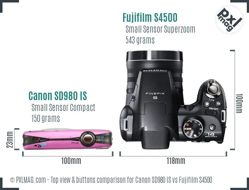 Canon SD980 IS vs Fujifilm S4500 top view buttons comparison