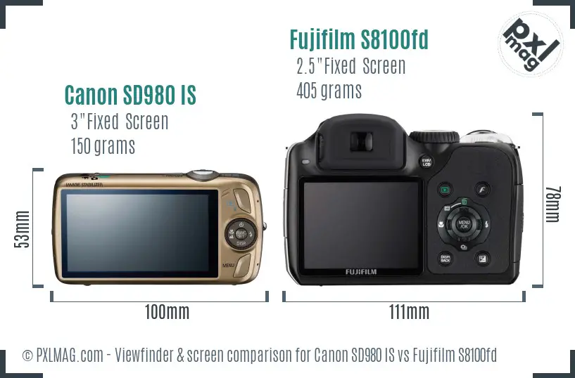 Canon SD980 IS vs Fujifilm S8100fd Screen and Viewfinder comparison