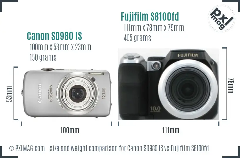 Canon SD980 IS vs Fujifilm S8100fd size comparison
