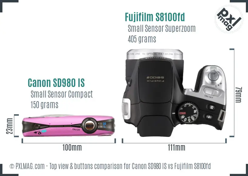Canon SD980 IS vs Fujifilm S8100fd top view buttons comparison