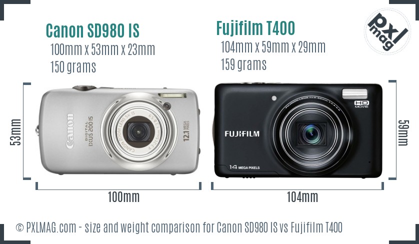 Canon SD980 IS vs Fujifilm T400 size comparison
